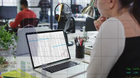 Woman selecting blue row while analyzing spreadsheet, financial charts Stock Footage 332881937