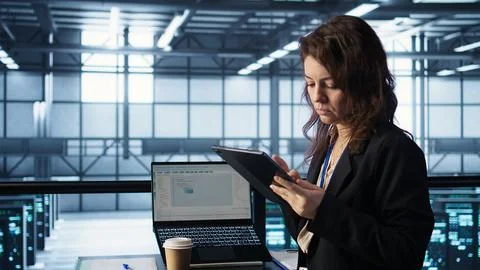Woman in server farm coding on notebook, enjoying beverages Stock-Fotos