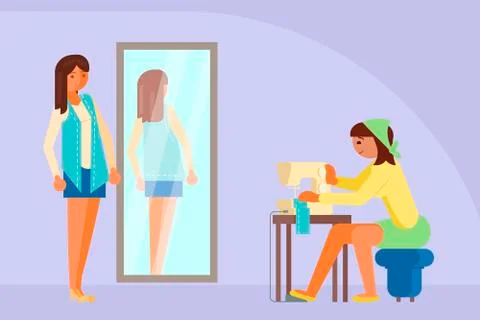 Woman sewing on machine vector flat illustration Illustrazione stock