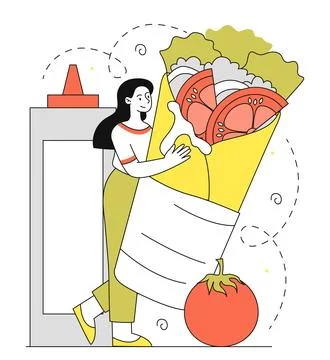Woman with shawarma vector linear Stock Illustration