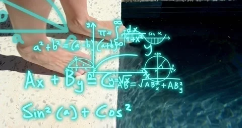 Woman shifting on pool deck causing turquoise math diagrams overlaying water Stock Footage 316964277