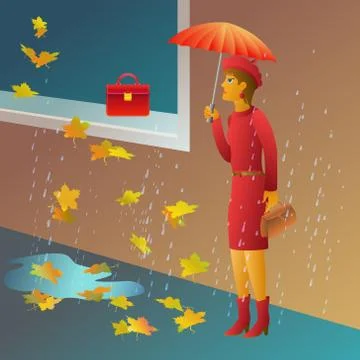 Woman shopping vector illustration. Girl under umbrella want to buy a bag Stock Illustration