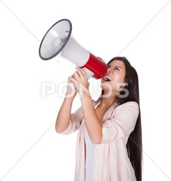 Woman shouting into a loud hailer Stock Photos