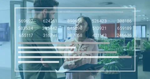 Woman showing folder while man nodding, pointing causing HUD growing data bars Stock Footage 330917950