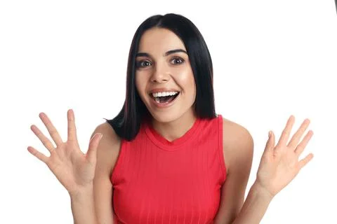 Woman showing number ten with her hands on white background Stock Photos