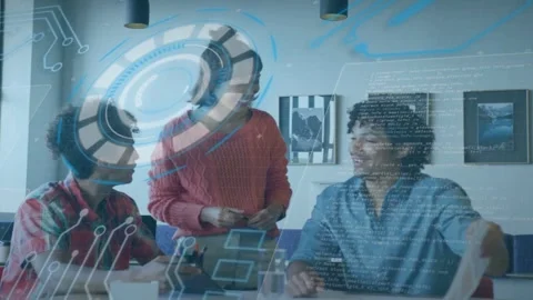 Woman showing tablet causing left man using device as right man reading docs, Stock Footage 333078481