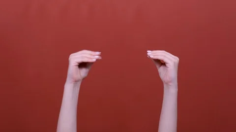 Woman showing talking to each other hands isolated over pastel red background Video stock 122951453