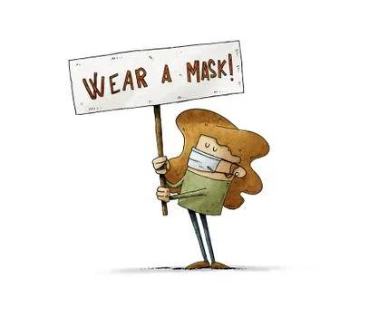 Woman with a sign is warning the need to wear a mask. Stock Illustration