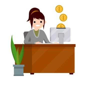 Woman sit at table with computer. Online income and salary. Stock Illustration