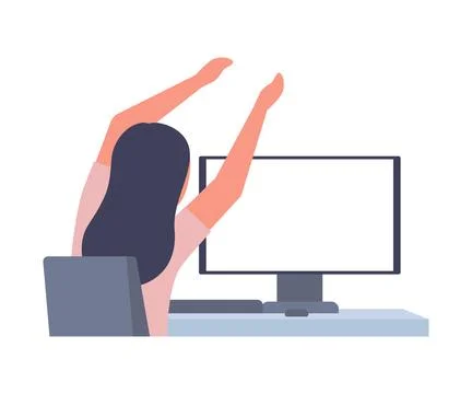 Woman sits back at table computer and stretching, doing exercises. Girl Stock Illustration