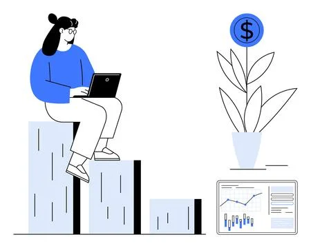 Woman sits on bar graph using laptop, symbolizing progress. Growing money pla Stock Illustration