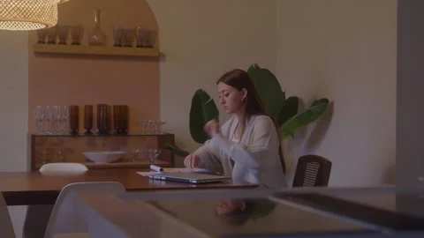 Woman Sits Down At Table Opens Laptop Stock Footage 270332682