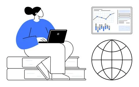 Woman sits on stack of books using laptop while analyzing data chart on scree Stock Illustration