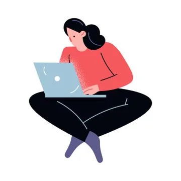 Woman sitting and doing computer work in office or home vector illustration Illustrazione stock