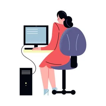 Woman sitting and doing computer work in office or home vector illustration Stock Illustration