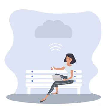 Woman sitting bench with notebook cloud Ilustración de archivo