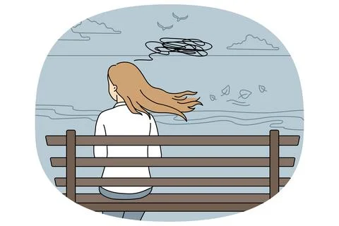 Woman sitting on bench thinking Stock Illustration