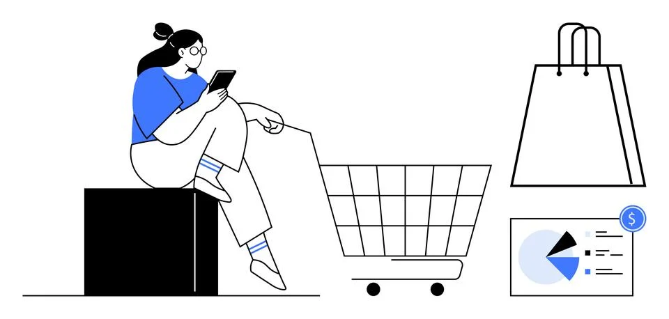 Woman sitting on a block, using mobile phone, shopping cart beside her, shopp Stock Illustration