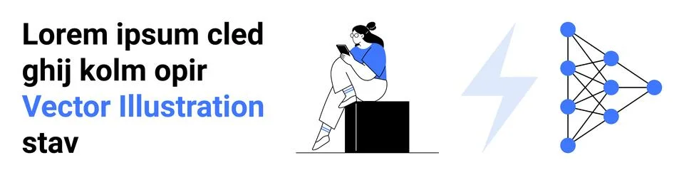 Woman sitting on a block using a smartphone. Includes text block Lorem Ipsum. Stock Illustration