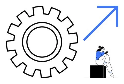 Woman sitting on block using tablet, large gear, and upward arrow. Ideal for  イラスト素材