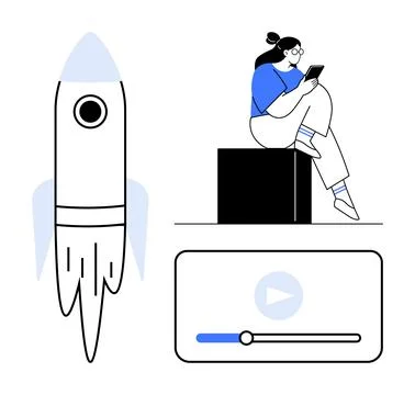 Woman sitting on block using tablet with rocket and video playback bar イラスト素材