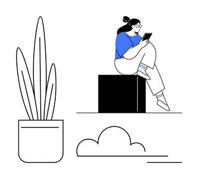 Woman Sitting on Block Using Tablet Next to Potted Plant and Cloud Illustrati Stock Illustration