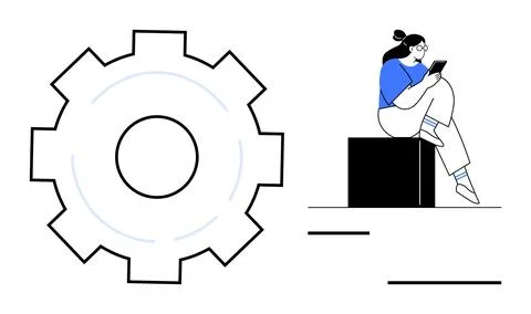 Woman Sitting on Block Using Tablet Surrounded by Large Gear and Minimalist.. 스톡 일러스트