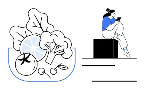 Woman Sitting on Block Using Tablet, Next to Healthy Food in Bowl, Balancin.. イラスト素材