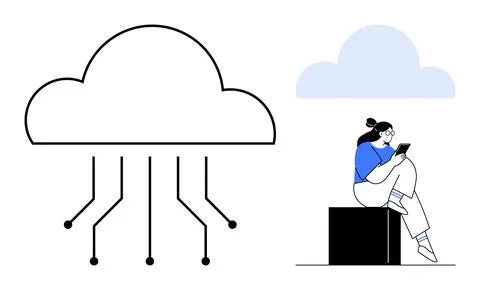 Woman sitting on block using tablet beside digital cloud with connected nodes 스톡 일러스트
