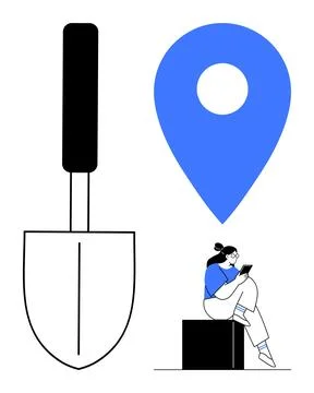 Woman Sitting on Box Using Tablet near Large Shovel and Blue Location Pin イラスト素材