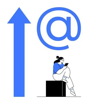 Woman Sitting on Box Using Tablet with Upward Arrow and Email Symbol in Bac.. Illustrazione stock