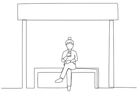 A woman sitting at bus stop is using a cell phone Ilustración de archivo