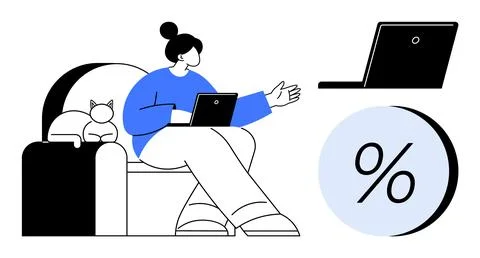 Woman sitting on a couch with a cat, using a laptop for a virtual meeting wit Stock Illustration