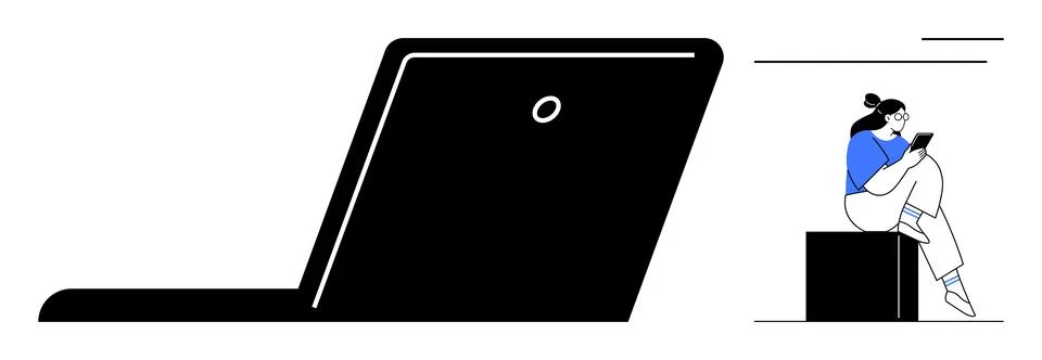 Woman Sitting on Cube Using Mobile Device Next to Giant Laptop Outline Stock Illustration