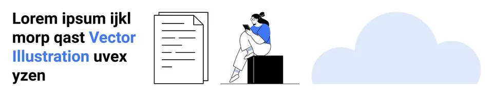 Woman sitting on cube using tablet, large document, cloud icon, placeholder t 스톡 일러스트