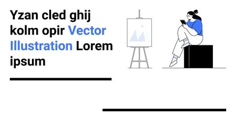 Woman sitting on cube using tablet, easel showing a minimalist design, and pl Stock Illustration