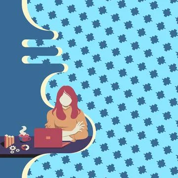 Woman Sitting Drinking Coffee Using Laptop Online Session Discussing Latest 스톡 일러스트