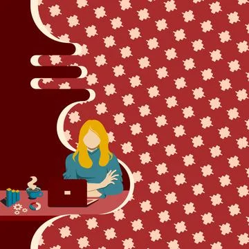 Woman Sitting Drinking Coffee Using Laptop Online Session Discussing Latest 스톡 일러스트