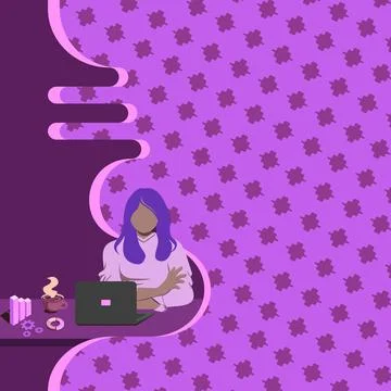 Woman Sitting Drinking Coffee Using Laptop Online Session Discussing Latest Illustrazione stock