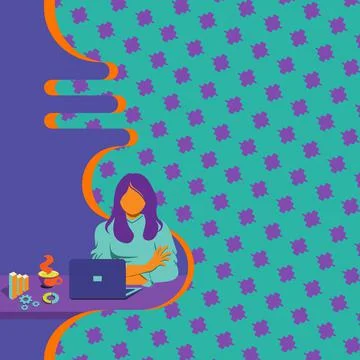 Woman Sitting Drinking Coffee Using Laptop Online Session Discussing Latest Illustrazione stock