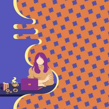 Woman Sitting Drinking Coffee Using Laptop Online Session Discussing Latest 스톡 일러스트