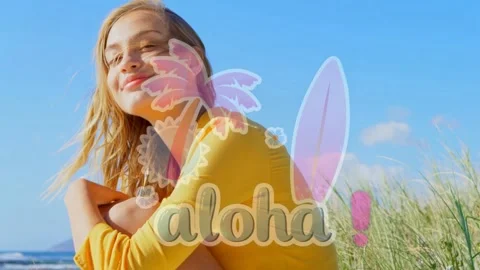 Woman sitting on dune sun causing opening turning to lens aloha overlay hovering Video stock 333735134