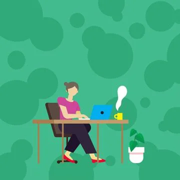 Woman Sitting With Laptop Back View Actively Accomplishing Work From Home. Girl Stockillustratie