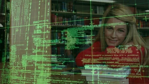 Woman sitting library table hugging textbooks when green code scrolling Stock Footage 320287892