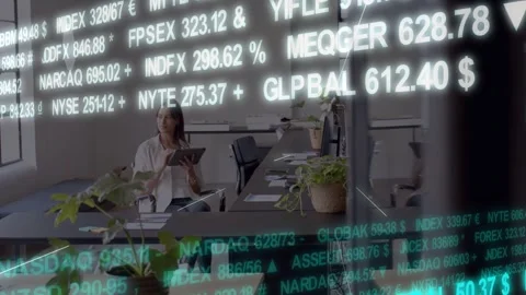 Woman sitting long table while finance tickers scrolling, comparing tablet to Stock Footage 332822257