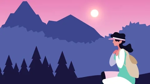 Woman sitting on a mountain in front of mountain range and sun setting moti.. Stock Footage 333607041
