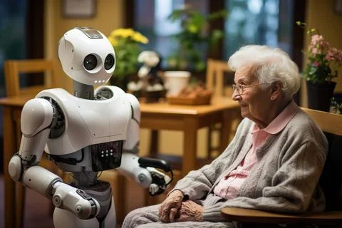 A woman sitting next to a helpful robot assistant in a modern setting AI G... Stock Photos