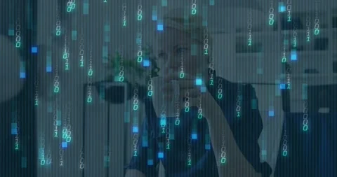 Woman sitting office binary overlay growing and causing phone lifting then Stock Footage 331048526