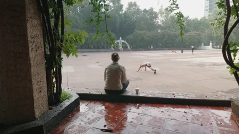 Woman sitting in a park while a is man doing push ups Stock Footage 341901618