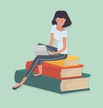 Woman sitting stack book Knowledge concept イラスト素材